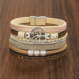 Hollow Tree Of Life Letters Pearl Women's Leather
Bracelet
